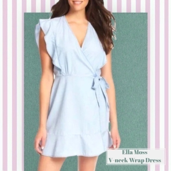 Ella Moss Dresses & Skirts - ELLA MOSS V-Neck Flutter Cap Sleeve Lt. Blue Cotton Wrap Dress NWOT/XL